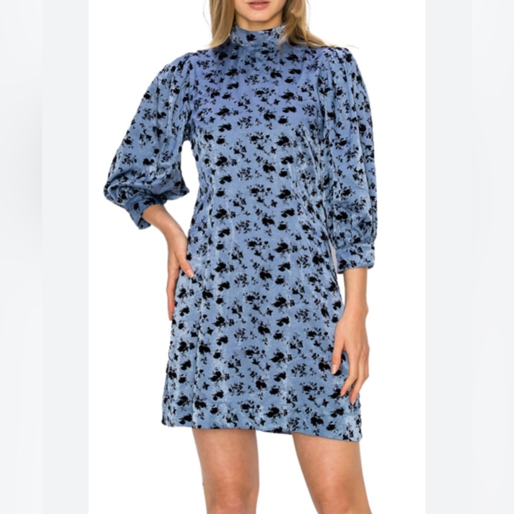 Code x Mode‎ Women’s Blue Black Satin Velvet Floral Mock Neck Shift Mini Dress L